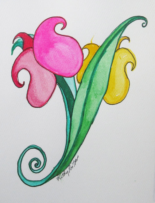 abstract watercolor and ink tulip art card with deckle edge. Two tulips. One pink, one yellow