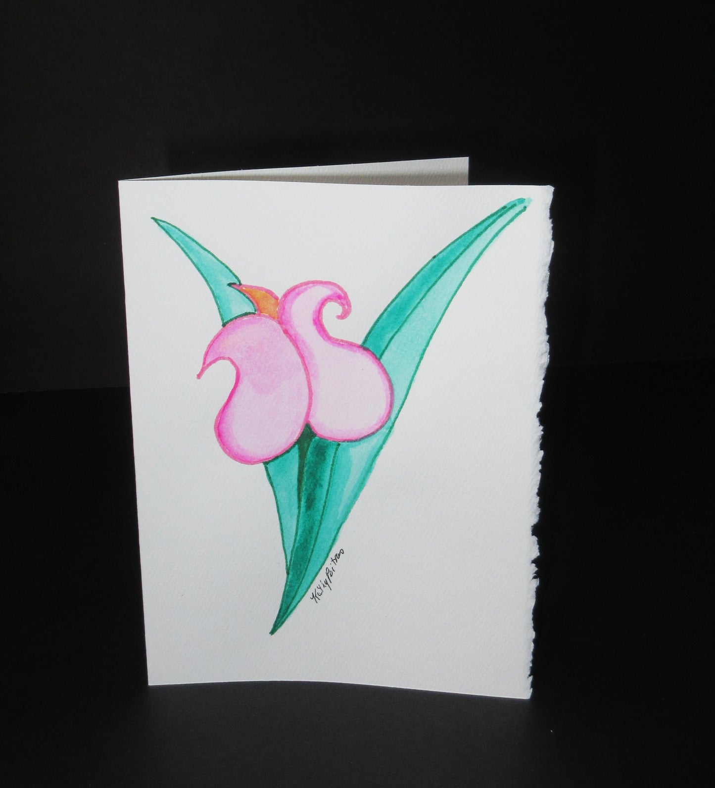 hand painted greeting card, watercolor and ink. Single pink tulip. Abstract naive art.