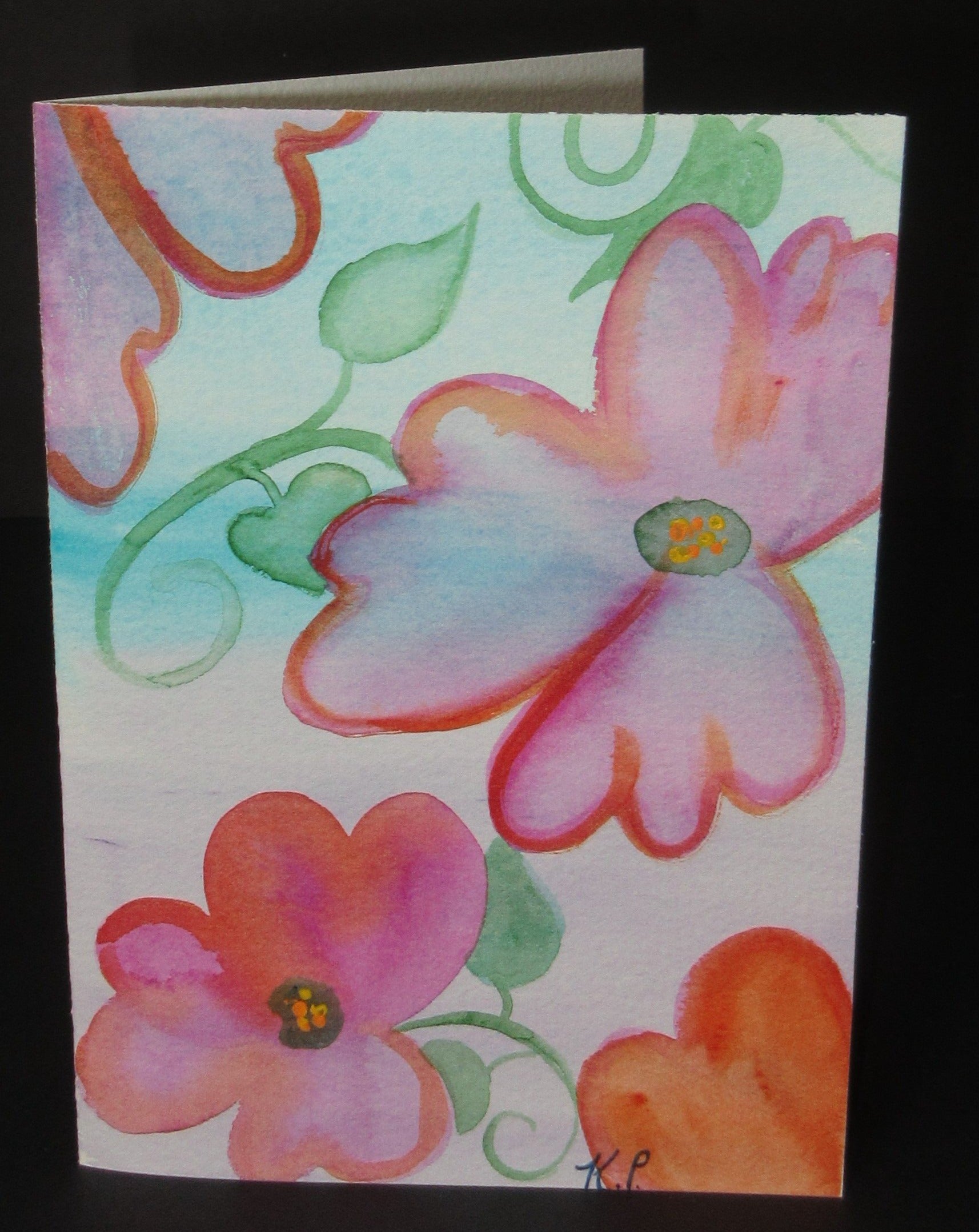 Original 5x7 inch  watercolor painting art card.  Four floating whimsical  flowers on a blue green background.  By artist Kathy Poitras.