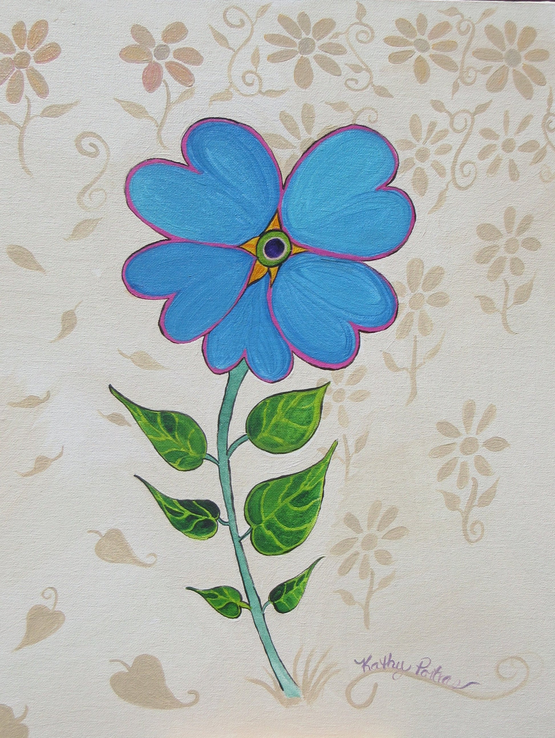An acrylic painting of a single tiny blue Forget Me Not blossom. The background is beige with impressions of natural elements in a darker beige. A classic folk art style by Canadian folk artist Kathy Poitras. 