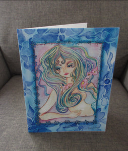 Photographic Art card of Goddess Mermaid in Blue,  watercolor and ink painting