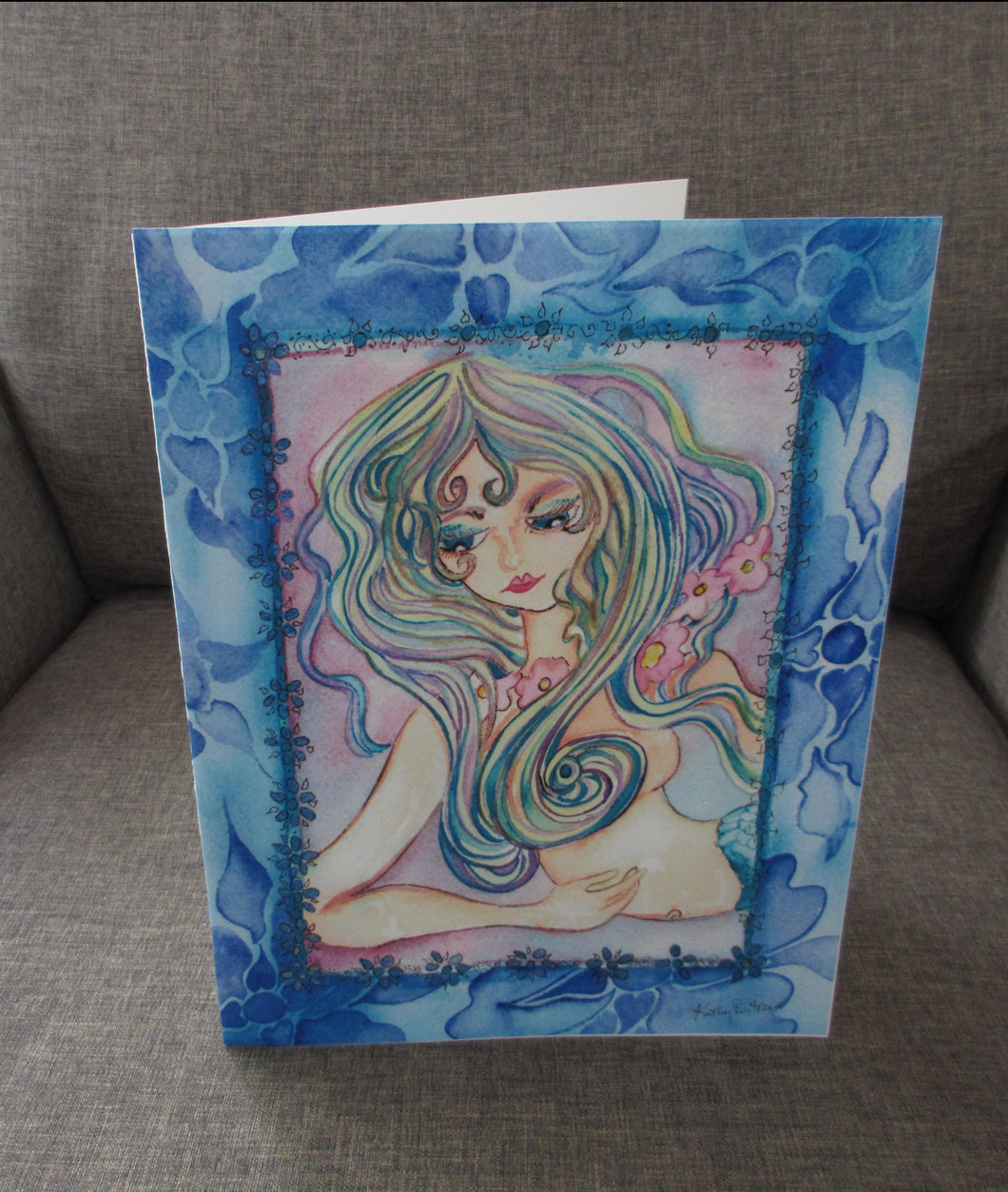 Photographic Art card of Goddess Mermaid in Blue,  watercolor and ink painting