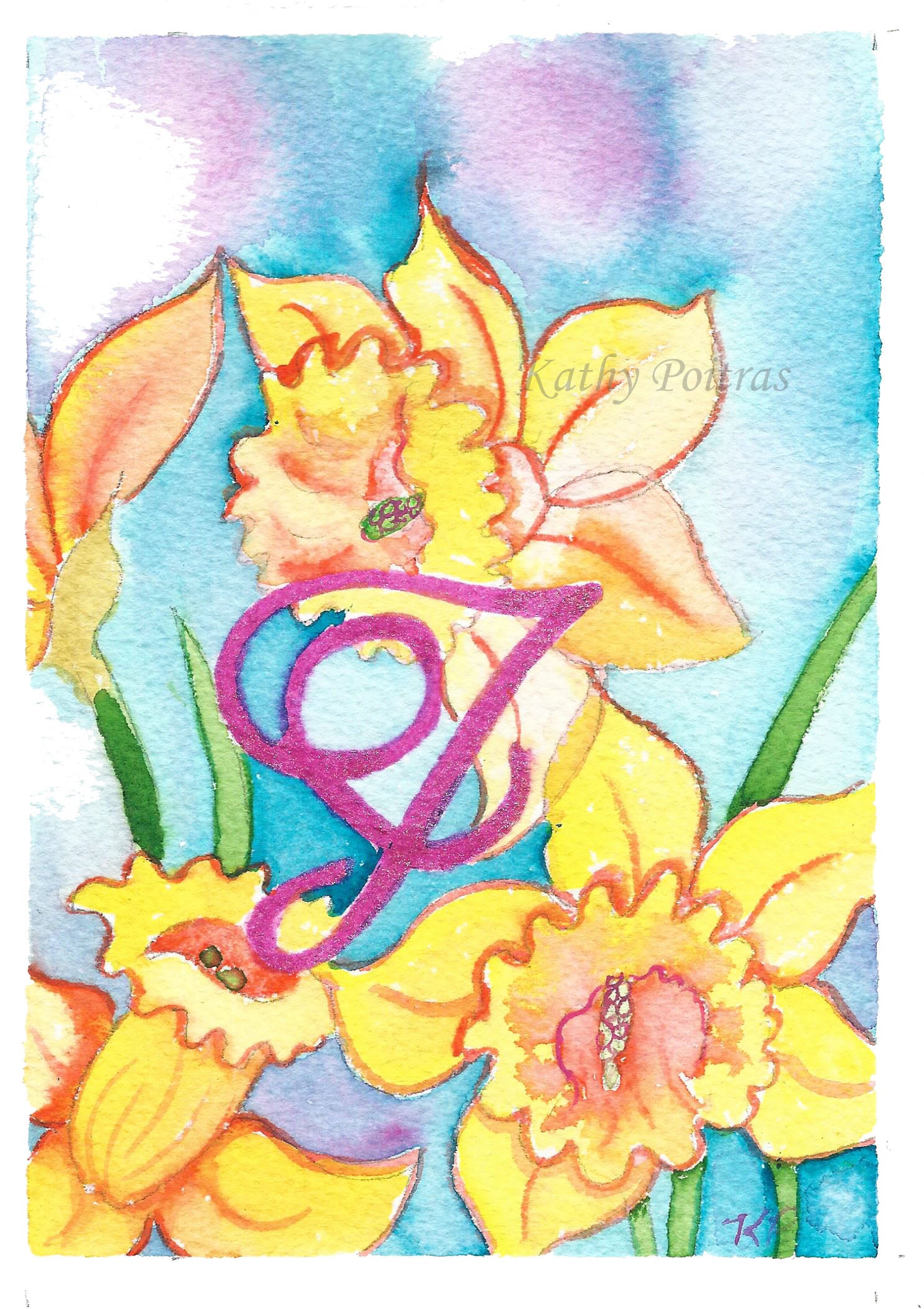 Original hand painted daffodils inspired by the birth flower of the month for March. This greeting card is an individual painting, watercolor and ink painted on arches 100% cotton paper. personalized with a fancy letter J as part of the painting. by Canadian artist Kathy Poitras.
