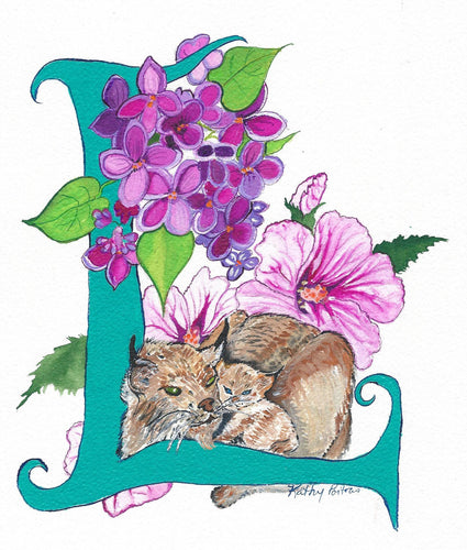 Hand made photographic Personalized Greeting Card.   letter L is for Lilacs and Lynx by artist Kathy Poitras