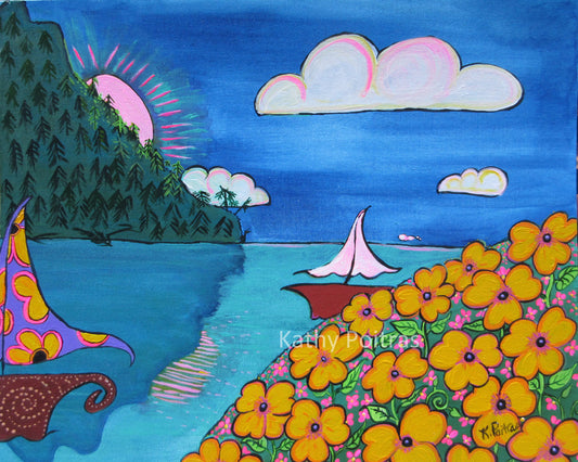 Lazy Summer Day,  Fantasy Boat and Mountain Painting
