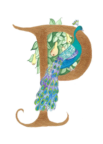 Hand made photographic Personalized Greeting Card. Illustrated Letter P for Peacock and Pear tree by artist Kathy Poitras. 