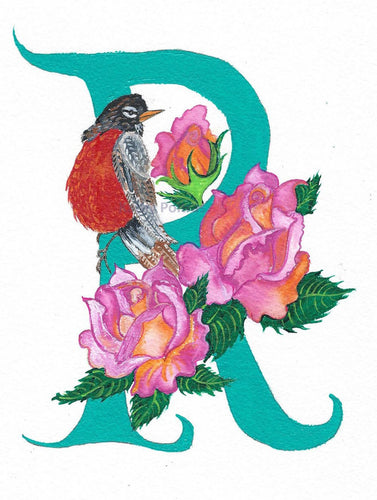 Hand made photographic Personalized Greeting Card.  Illustrated Letter R for Robin and Roses by artist Kathy Poitras