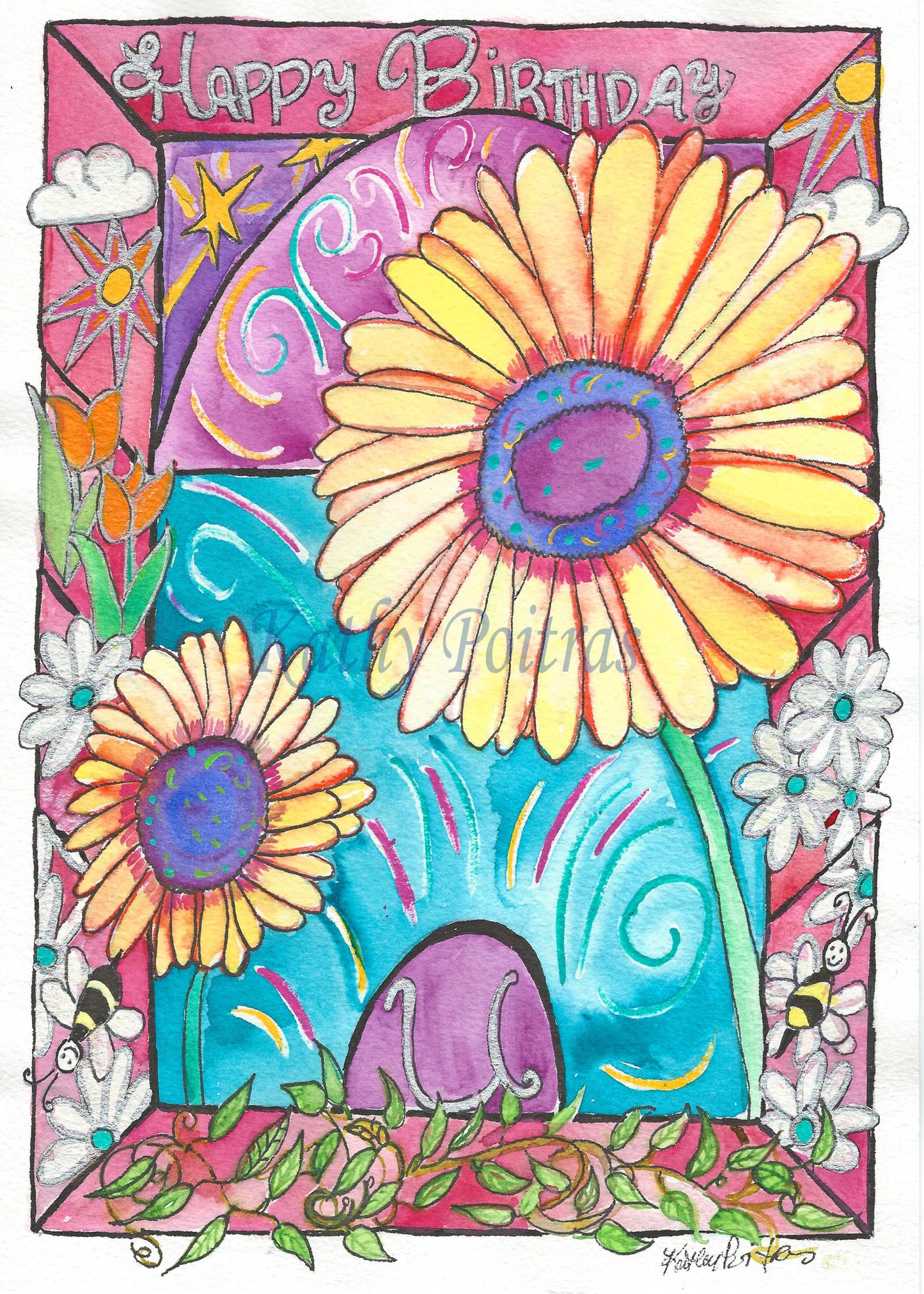 Personalized flower of the month April, Happy Birthday Card. Daisies and the letter U.  A cheerful whimsical cathedral with celebratory streamers featuring the letter U, and daisies.  Surrounded by a border with naïve images expressing life.  Happy Birthday is written on the top. 