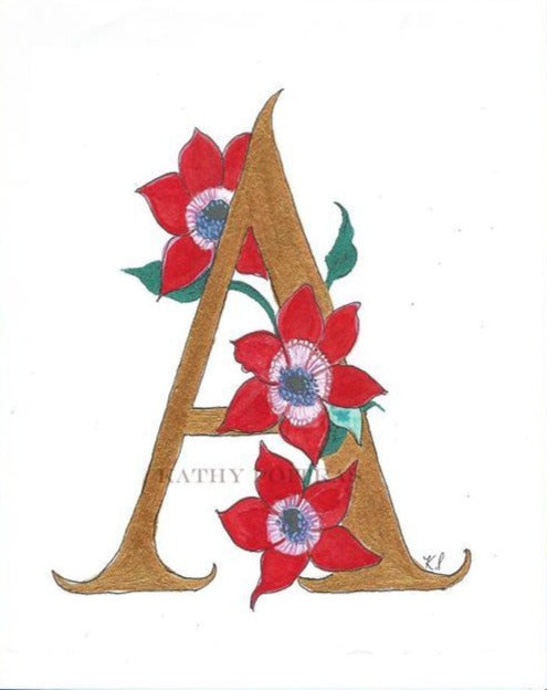 Letter A is for Anemones. Illustrated  hand detailed letter A,  print on fine art inkjet paper