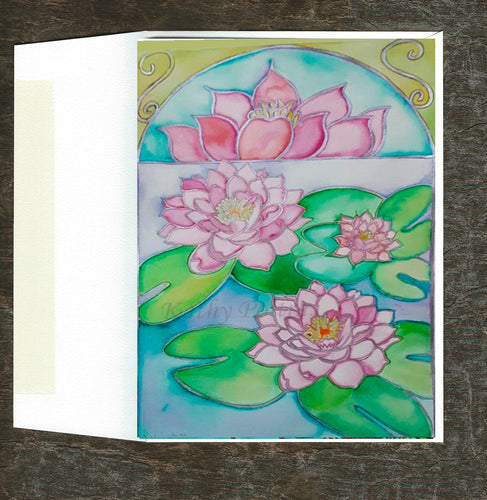 photographic art card, greeting card  of Lotus Flowers. A watercolor and silver metaliic ink  painting