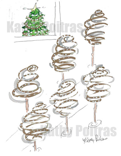 Swirly impressions of city Christmas trees, with a Christmas tree is some one's window.  Christmas on Lower Lonsdale. Printable Christmas Card