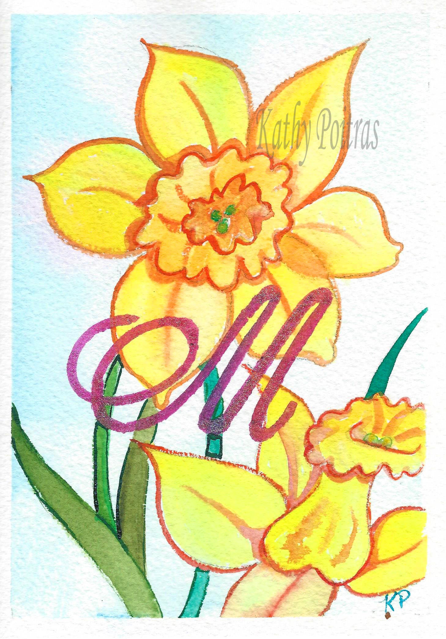 Personalized letter M  Mother's Day Card, Birthday Card, of  Daffodils