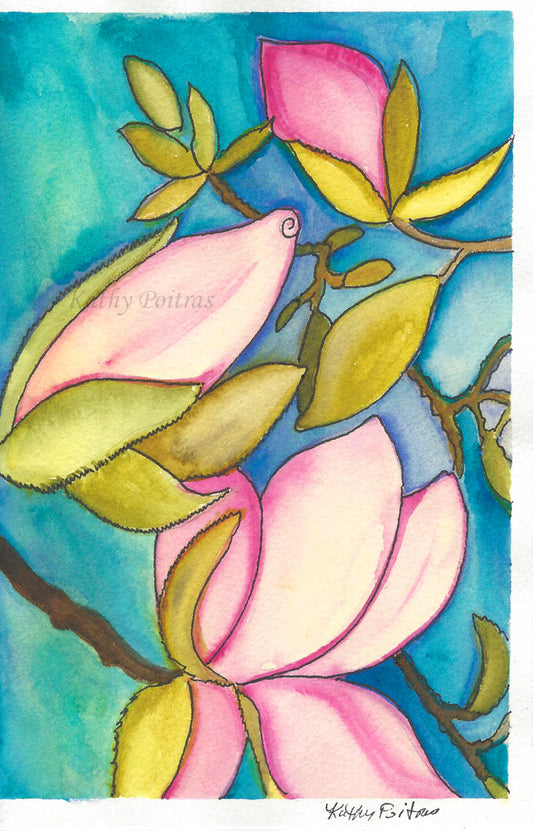 Magnolia Blossoms on watercolor paper. Art card painted April 5 2021