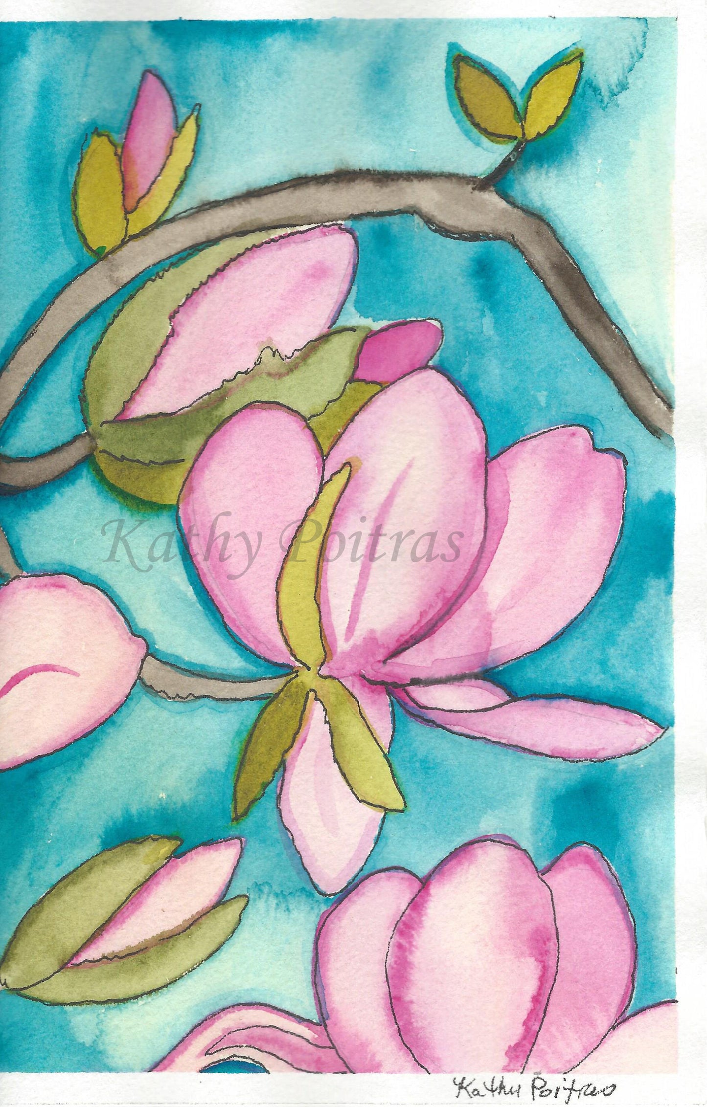 Large pink magnolia Blossoms. Inspired by Spring 2021.   Original hand painted  greeting card.  Watercolor and ink on arches 140 lb rough watercolor paper.  By Canadian artist Kathy Poitras.  
