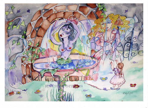 Naive fantasy painting. A mermaid sits in a fountain, there is a ghost of a lady and a little girl in the whimsical garden created from the imagination of artist Kathy Poitras