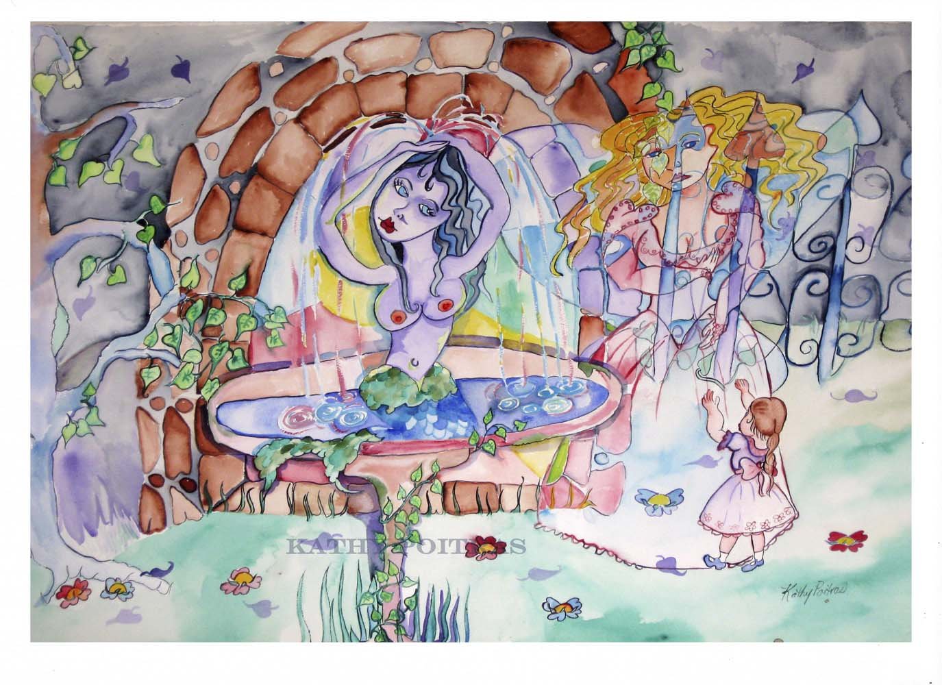 Mermaid in a Fountain.  Watercolor painting on paper by Kathy Poitras