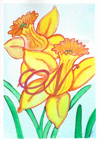 5x7 inch naive watercolor of daffodils with letter N paintied in the middle 