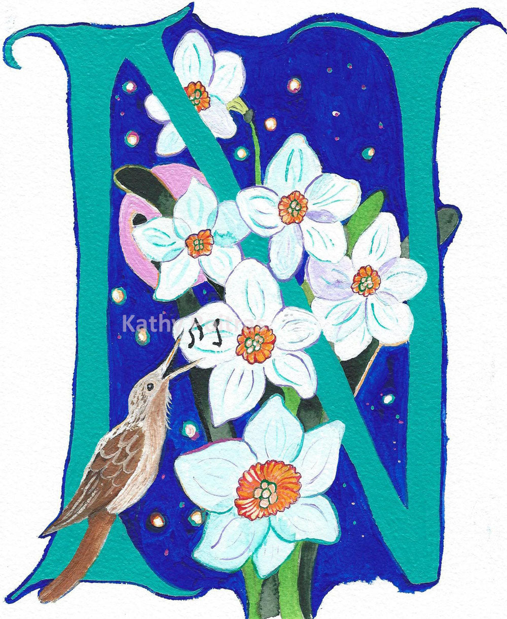 N is for Nightingale,  Narcissus flowers,  signed  print on fine art inkjet paper