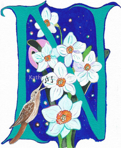 Letter N is for Nightingale,  Narcissus flowers