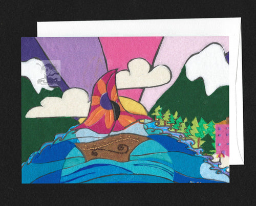Greeting Card of  felt and hand embroidery fantasy sail boat.