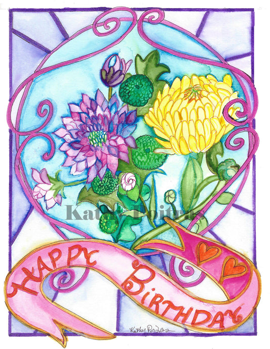 Birthday card, in the naïve folk art style by Kathy Poitras. Inspired by Chrysanthemums with a stain glass inspired background.