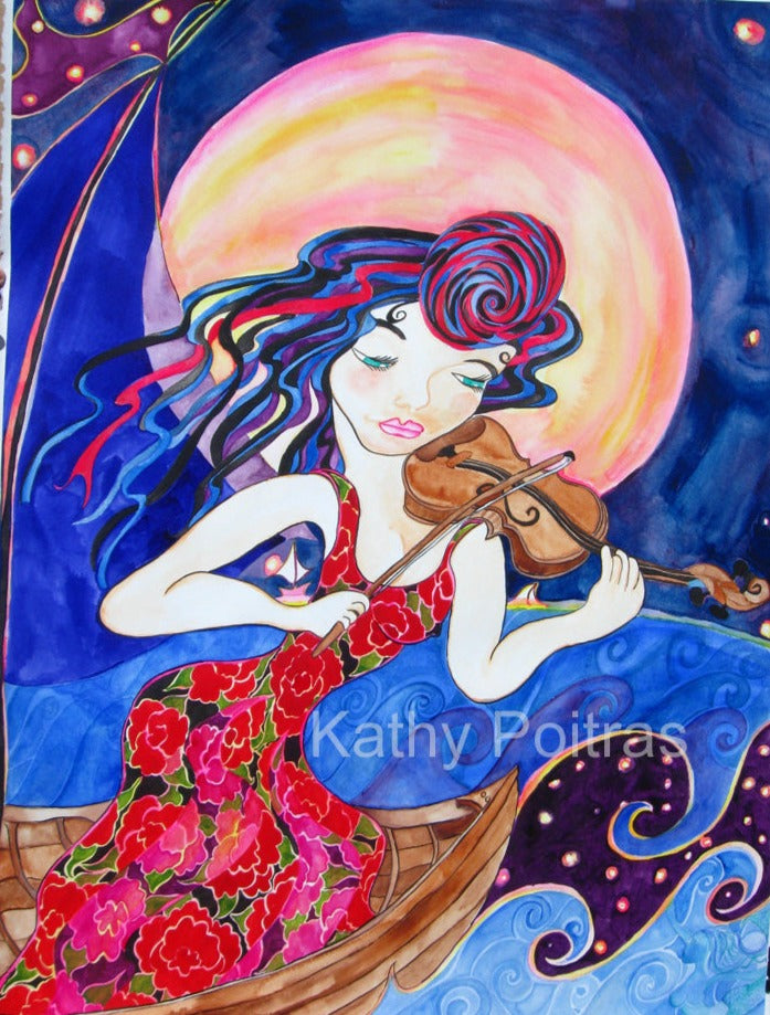 whimsical fantasy painting of a lady wearing a floral red dress in a small wooden boat playing an impression of a violin against a huge harvest moon to a mermaid below the starlit waves. From the imaginings of  artist Kathy Poitras. 