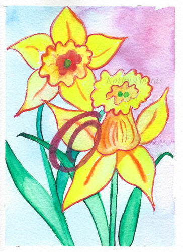 Original hand Painted one of a kind art card.  Daffodils inspired by the birth flower of the month for March. This greeting card is an individual painting, watercolor and ink painted on arches 100% cotton paper. personalized with a fancy letter O as part of the painting. by Canadian artist Kathy Poitras. 