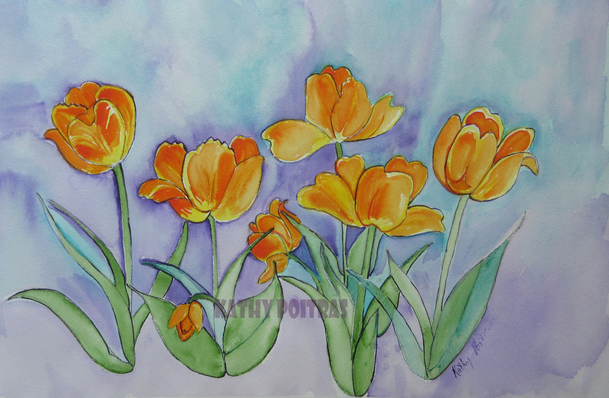 6 expressive watercolor orange tulips dance on a bluish purple wash background. By artist Kathy Poitras