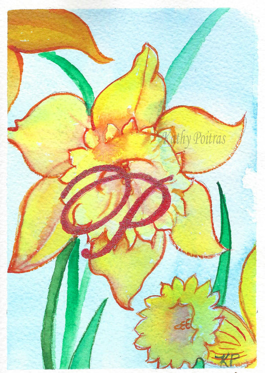 naive watercolor and ink of dafodils, with a letter P painted in the middle. 