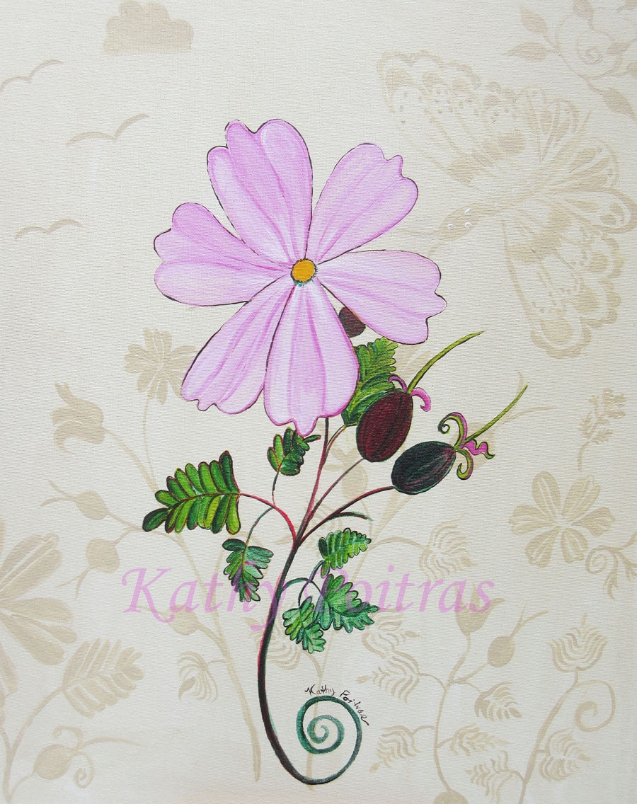Acrylic folk art painting of a tiny pink blossom with pods that have little swords extending out from them The background is beige with an impressions of a butterfly and other natural elements in a darker beige.  16 x 20 inches acrylic on canvas board, by artist Kathy Poitras.