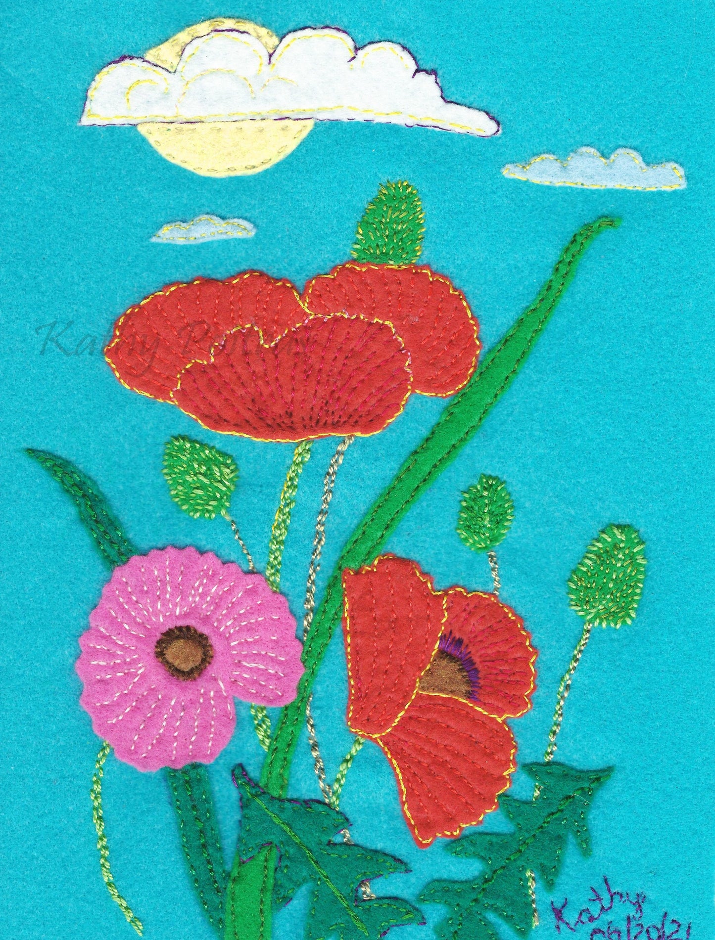 Poppies in the Sun.  applique, hand embroidery on felt