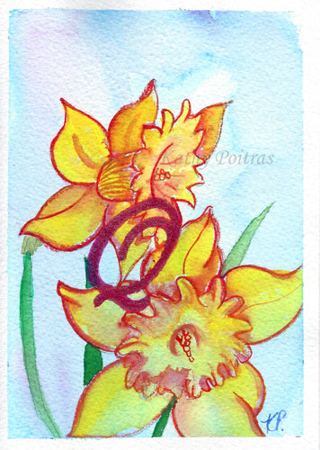 Greeting Card, Birthday Card, Mothers Day Card, watercolor and ink. Daffodils are the birth flower of the month for March. This flower of the month card is personalized with a fancy letter Q by artist Kathy Poitras 