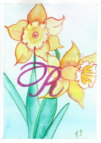 watercolor and ink of two dafodiles. Personalized with a letter R. By artist Kathy Poitras