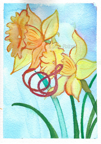 watercolor and ink. two dafoldils, personalized with a letter S. by artist Kathy Poitras