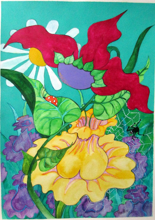 Spider and Ladybug, watercolor and ink. Whimsical flower painting, nursery art