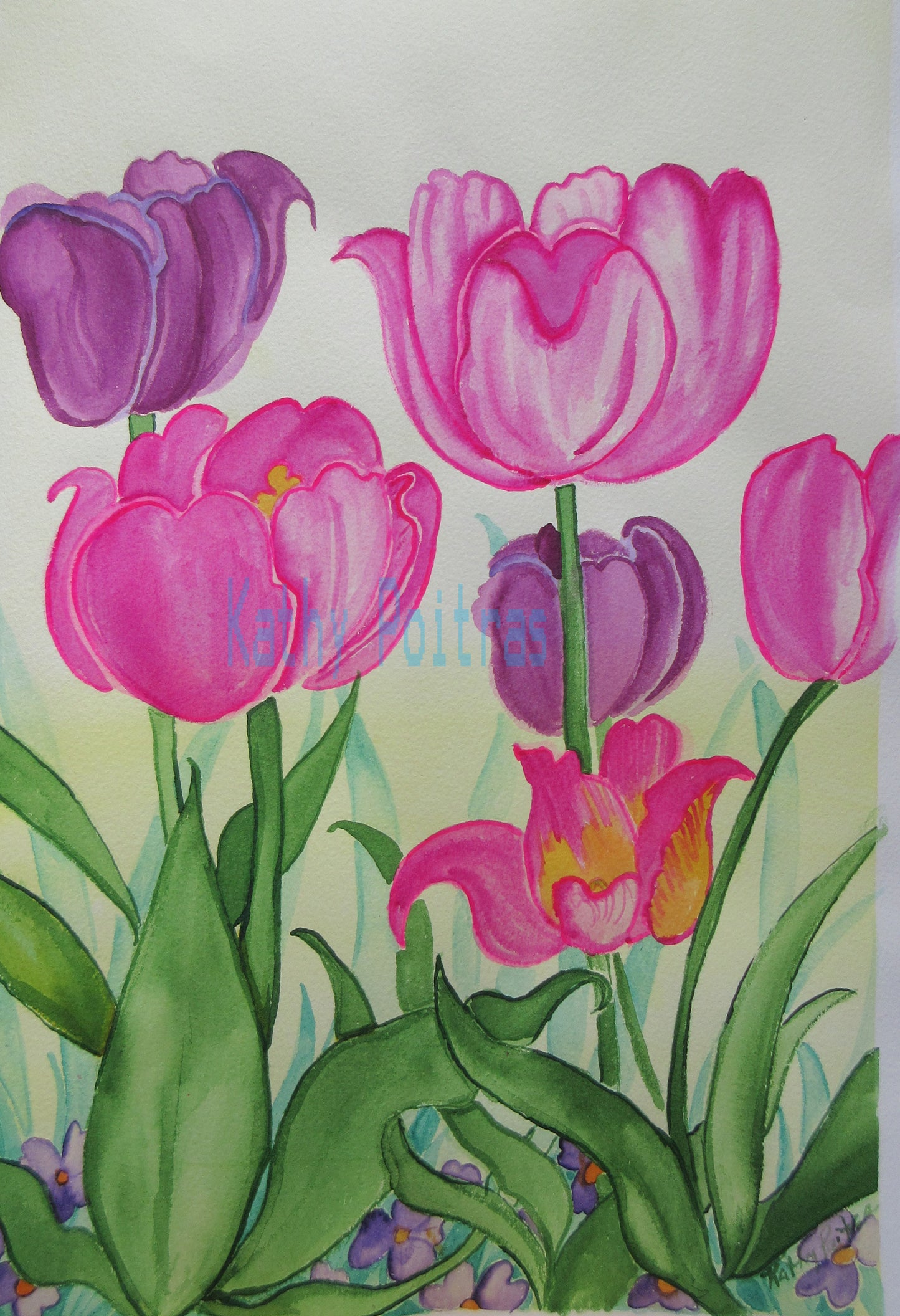 naive watercolor and ink painting of bright pink and mauve tulips with lots of character. By artist Kathy Poitras