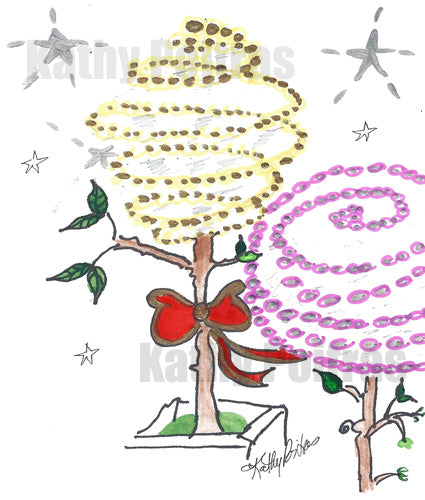Fun swirly impressions of city trees wrapped in yellow and pink lights. One of the trees has a big red bow.  Christmas card instant digital download. 