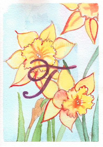 Greeting Card, Birthday Card, Mothers Day Card, watercolor and ink. Daffodils are the birth flower of the month for March. This flower of the month card is personalized with a fancy letter T by artist Kathy Poitras 