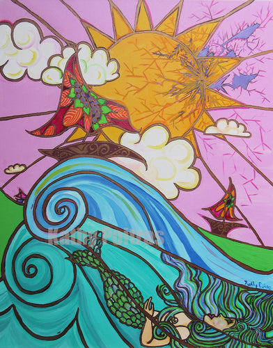mermaid below huge waves, floral sail boats against a sun. There is a crack in the sun and sky. Has a stained glass look. acrylic painting with heavy gold lines. by artist Kathy Poitras