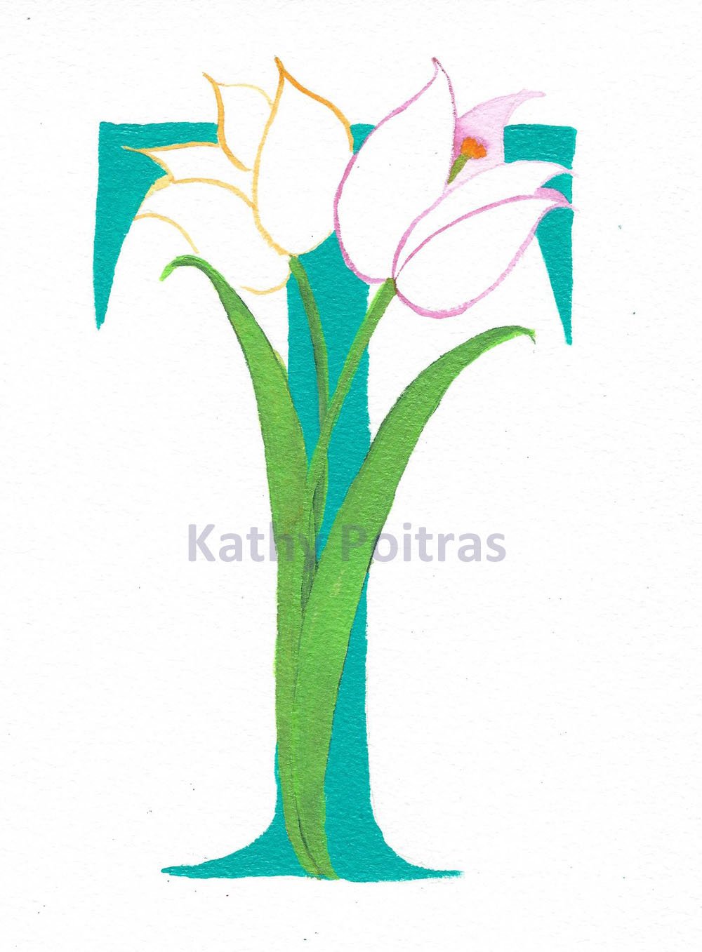Hand made photographic Personalized Greeting Card. Illustrated Letter T for Tulips by artist Kathy Poitras. Blank inside