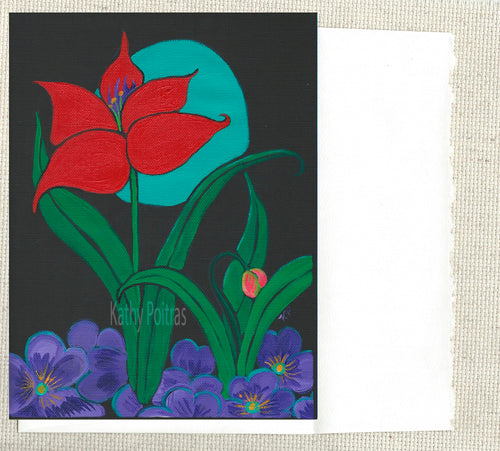 photographic art card, greeting card  of Elegant Red Tulip on black canvas paper