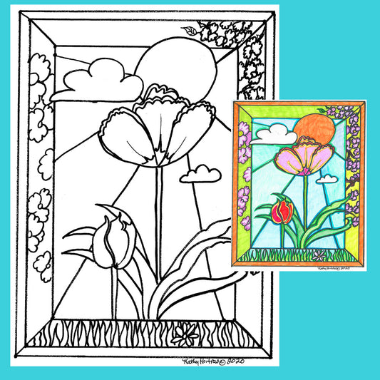 Relish coloring this cheerful pic of two tulips in the park, surrounded by cherry blossoms, by artist Kathy Poitras.