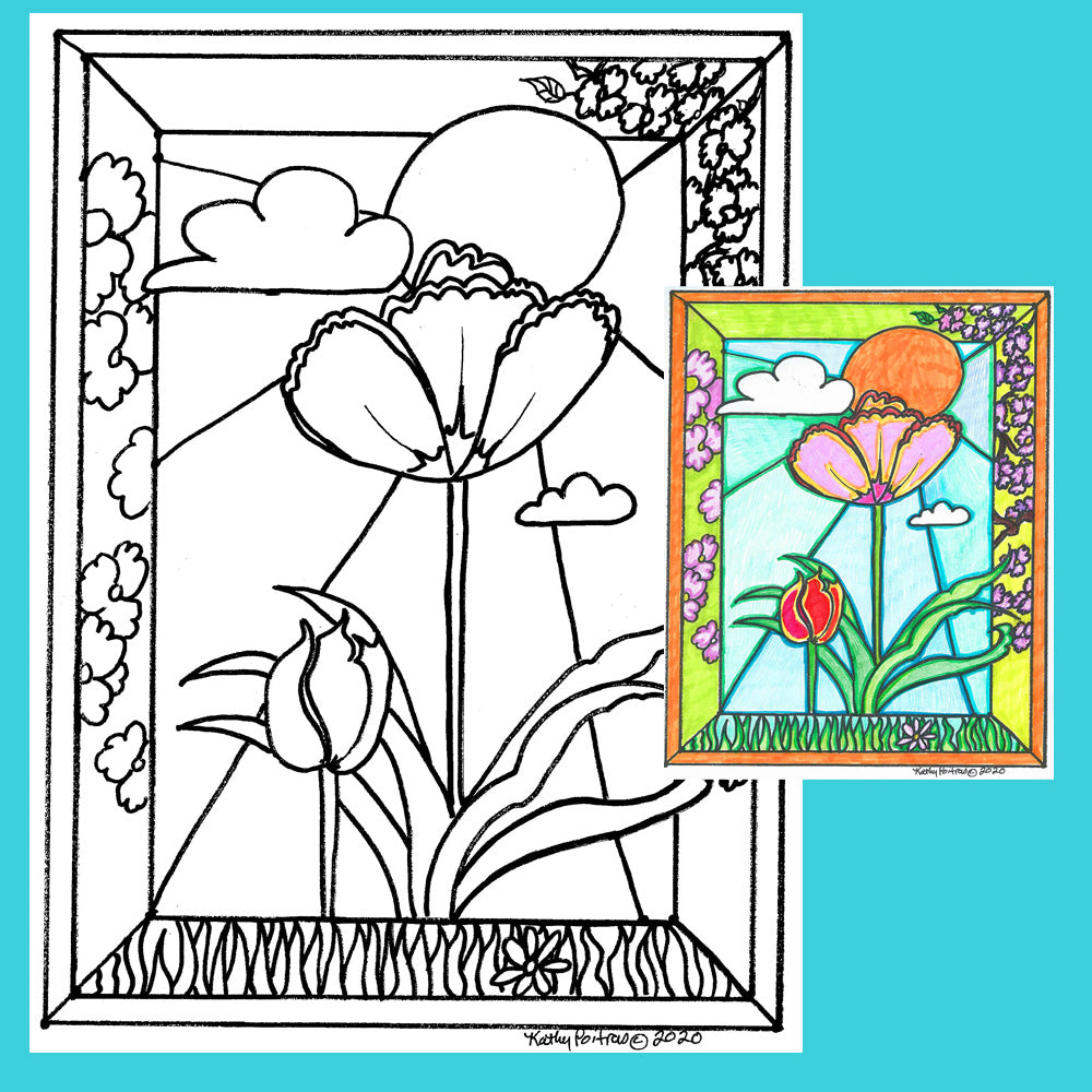 Relish coloring this cheerful pic of two tulips in the park, surrounded by cherry blossoms, by artist Kathy Poitras.