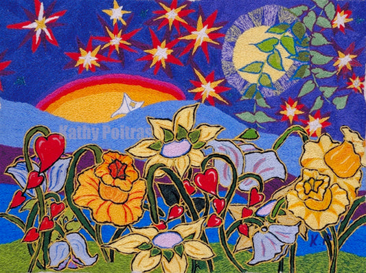 print of needle art yellow and red flowers in twilight with starry sky
