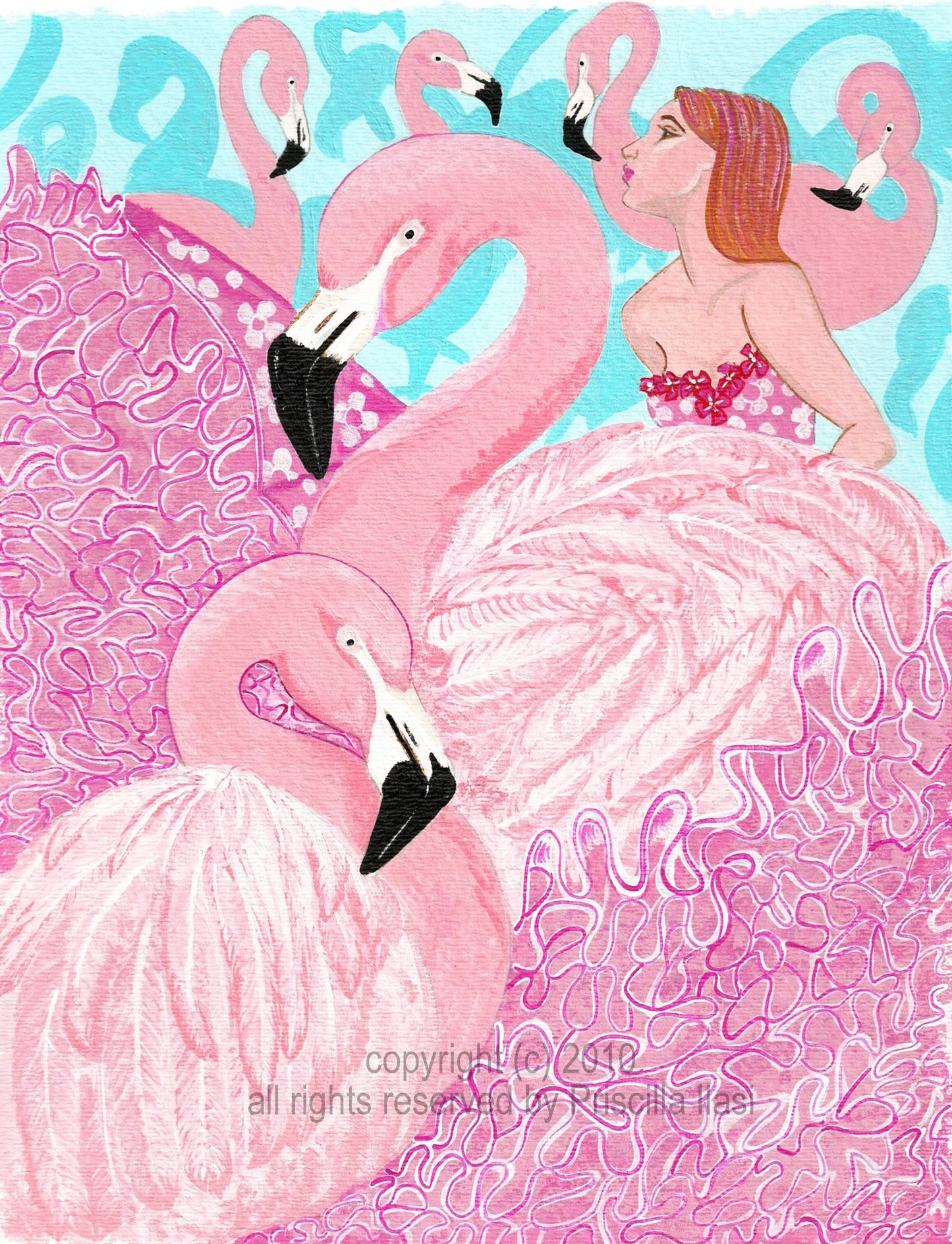 Pink Flamingos and a lady by Priscilla Ilasi. The title is "Pink Ladies"
