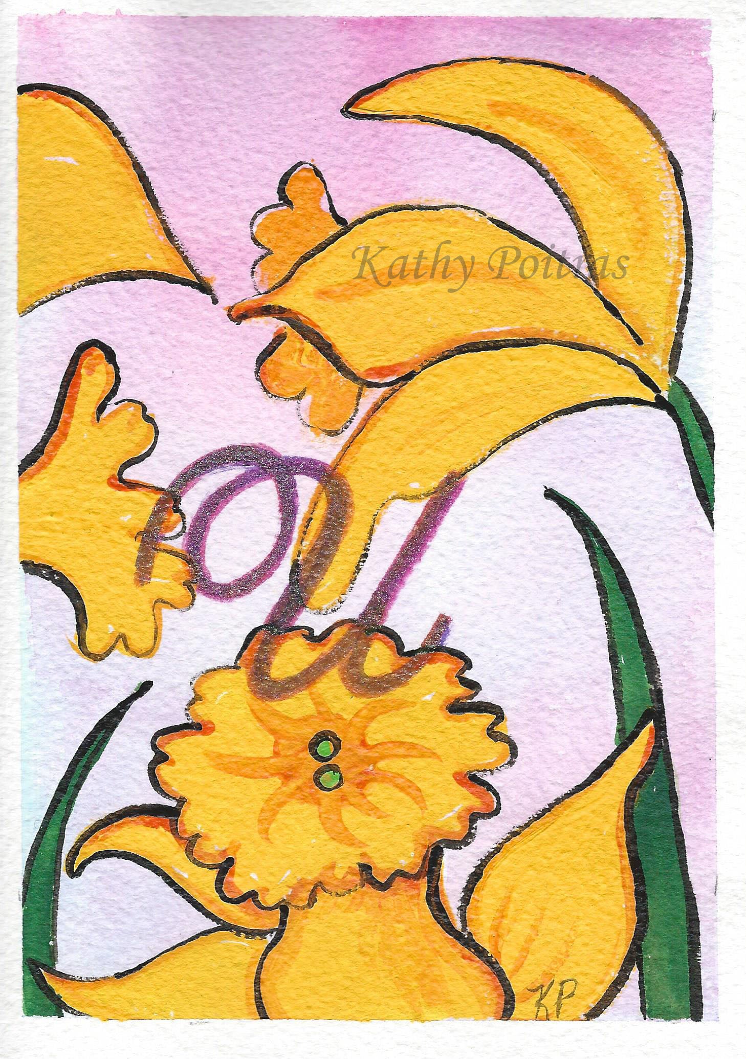 small acrlylic and ink painting  of dafodills, personalized with a letter U