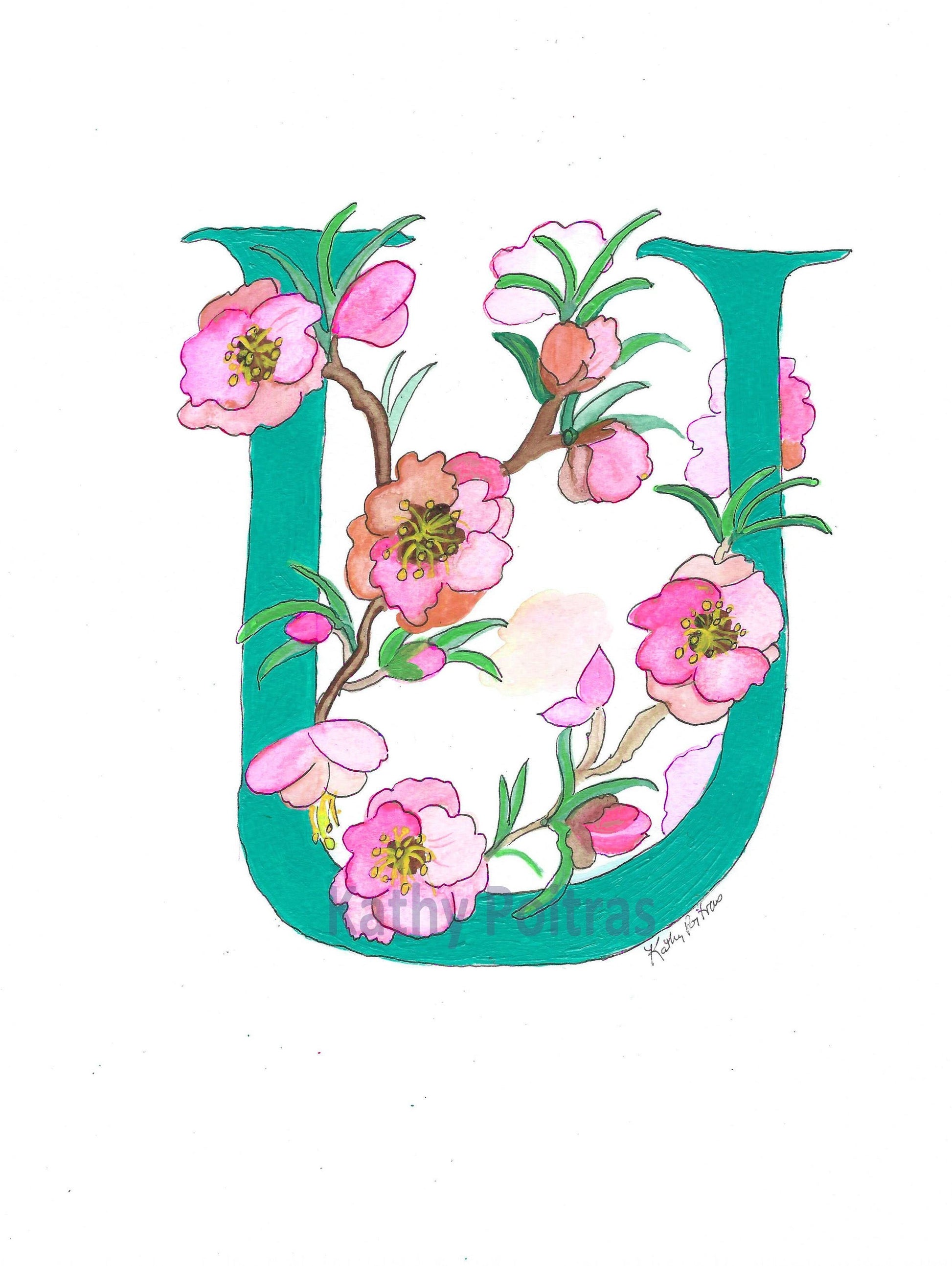 Personalized Greeting Card, Birthday Card, Illustrated Letter U for Ume flowers