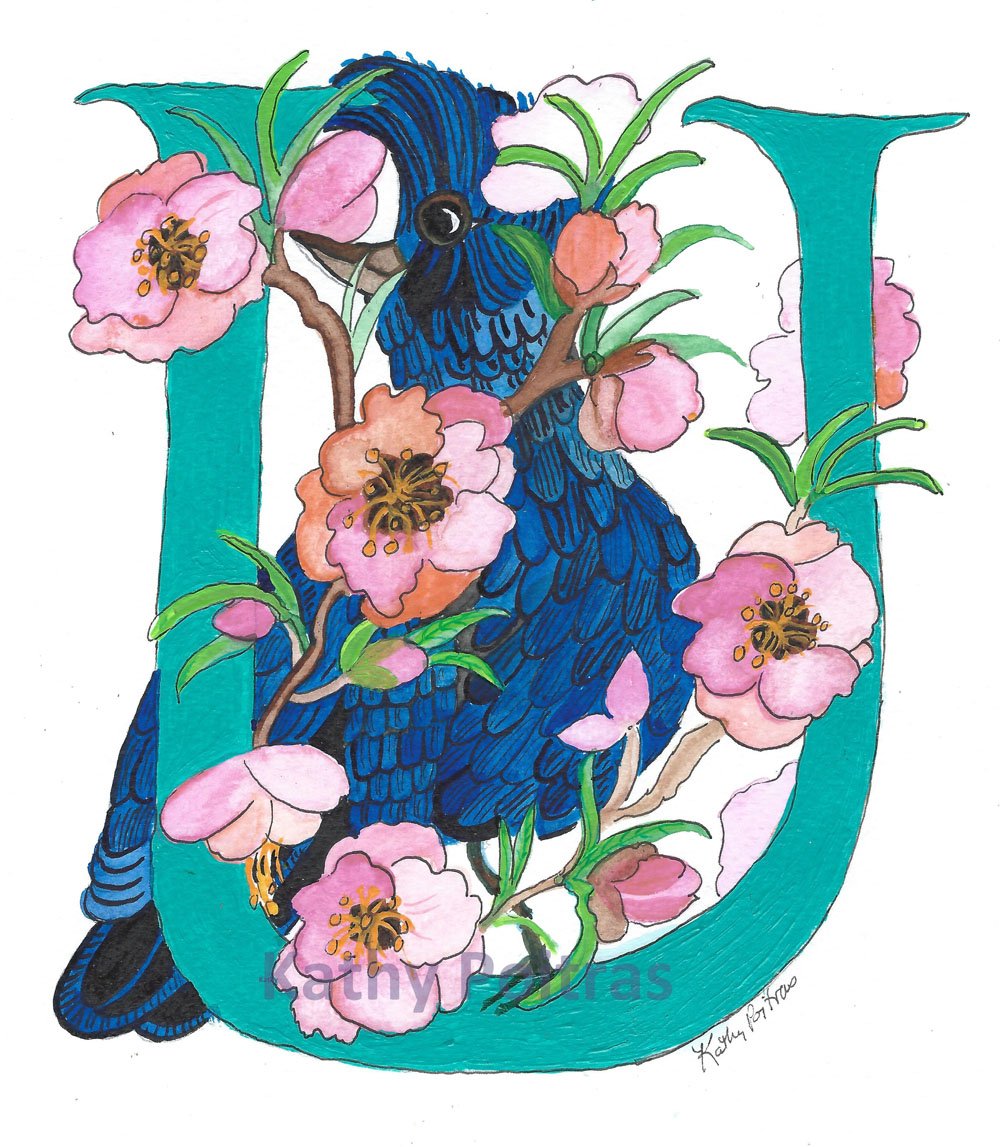 Personalized Greeting Card, Birthday Card, Illustrated Letter U for Ume flowers and Umbrella Bird