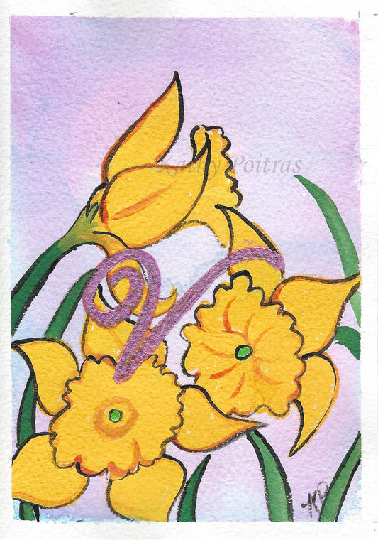 small acrylic and ink of dafoldils personalized with a letter V