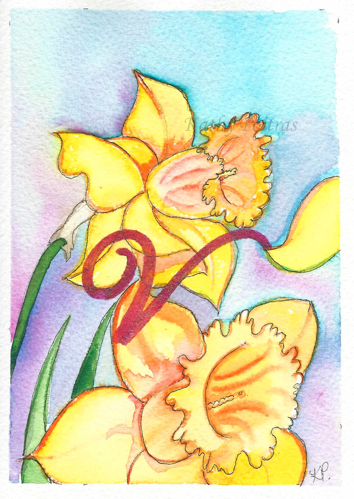 Original hand painted one of a kind art card, Greeting Card, Birthday Card, Mothers Day Card, watercolor and ink.  Watercolor version.  Daffodils are the birth flower of the month for March. This flower of the month card is personalized with a fancy letter V by artist Kathy Poitras  
